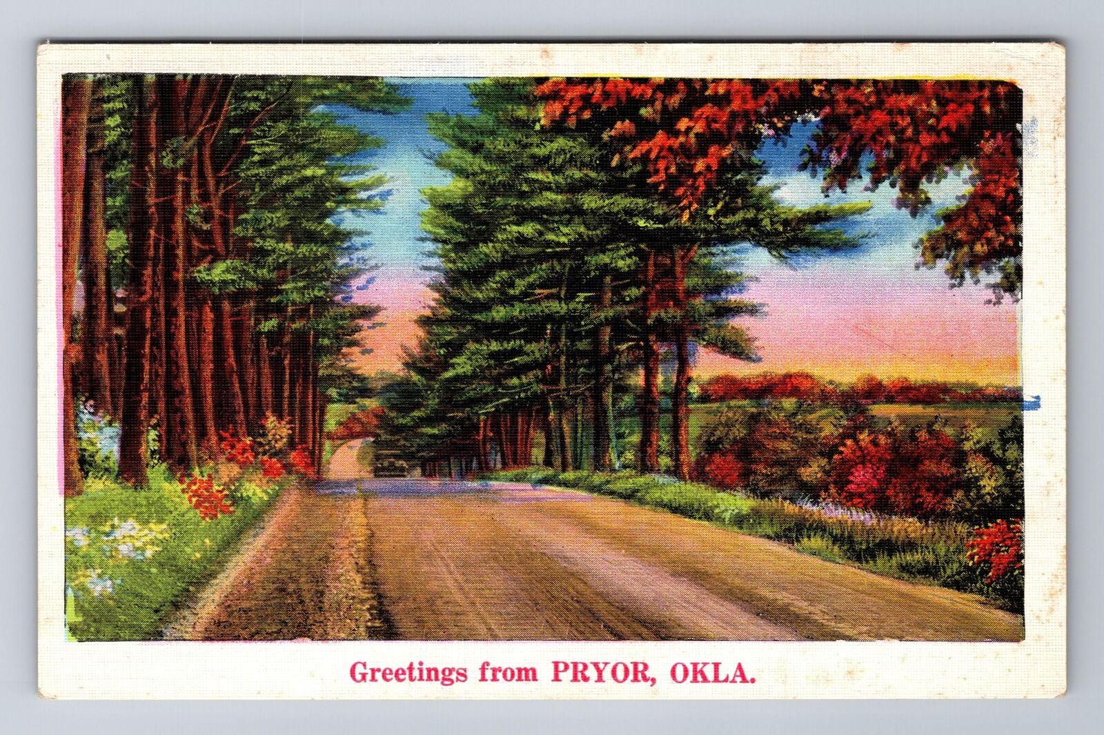 Pryor OK-Oklahoma, Scenic Path Greetings, Antique, Vintage Souvenir Postcard