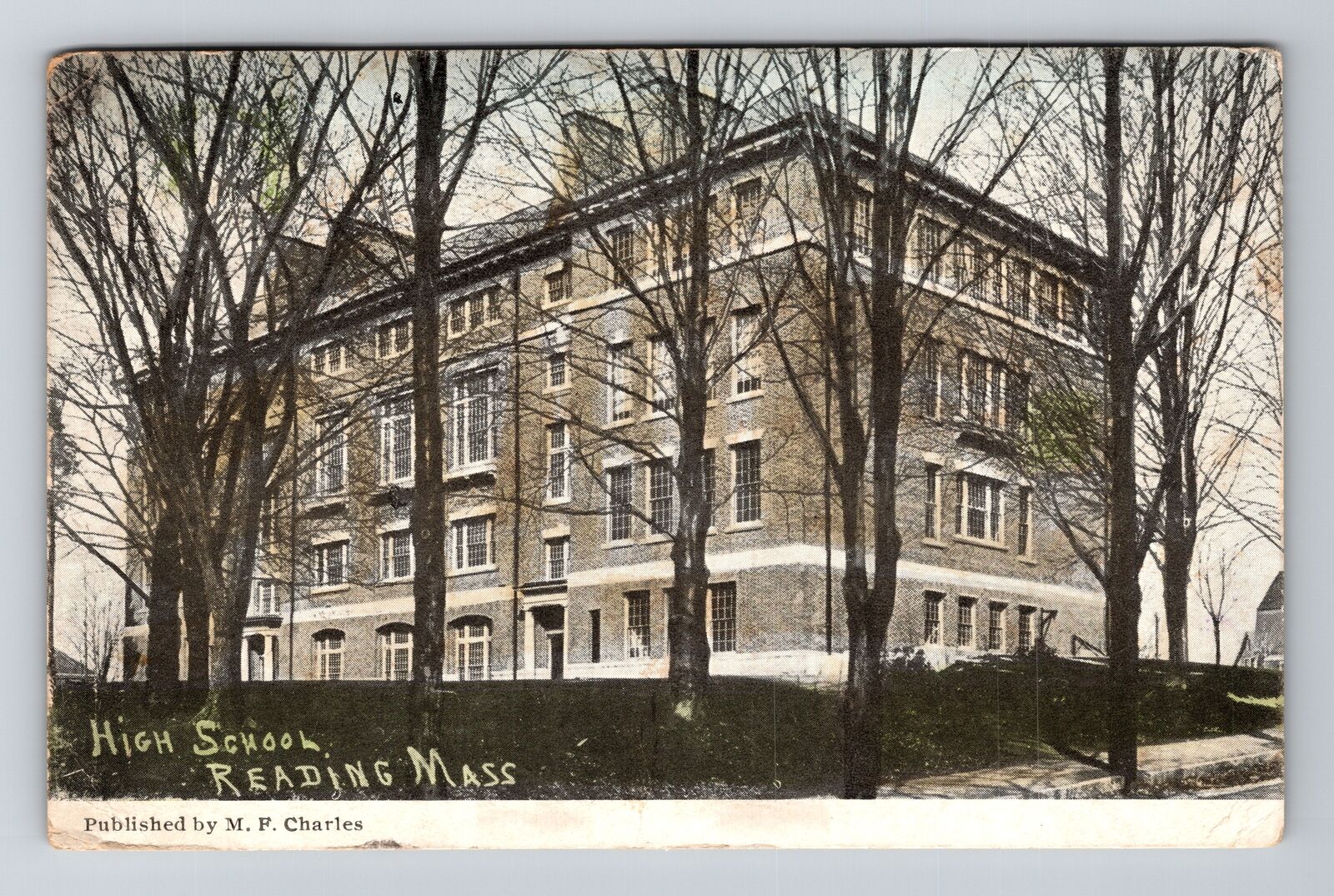 Reading MA-Massachusetts, High School, c1917 Vintage Souvenir Postcard