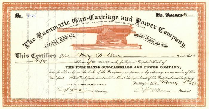 Pneumatic Gun-Carriage and Power Co. - Stock Certificate with Cannon Vignette - 