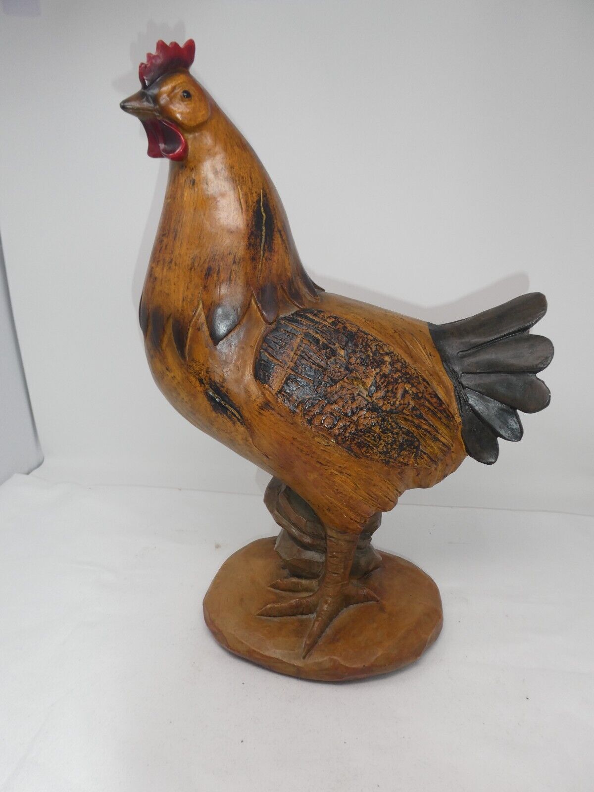 VINTAGE HAND CRAFTED BROWN CHICKEN ROOSTER STATUE 17.5\