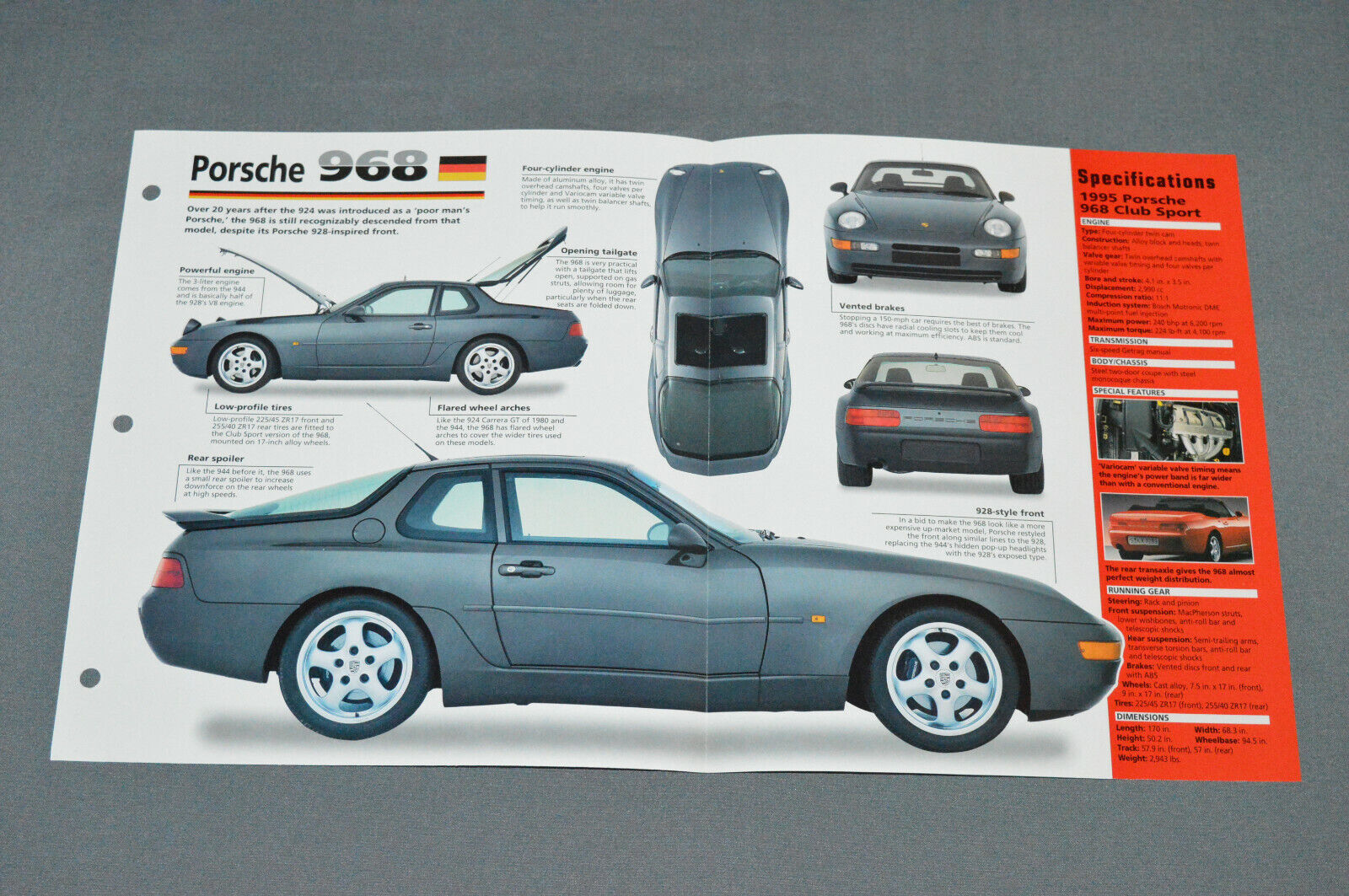 1991-1995 PORSCHE 968 ('95 Club Sport) Car SPEC SHEET BROCHURE PHOTO BOOKLET