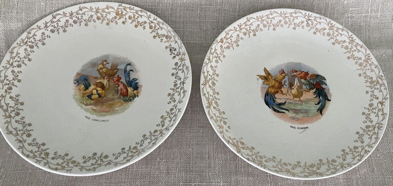 2 VTG.  Fighting Roosters Plates The Challenge, The Combat LaFrancaise Porcelain