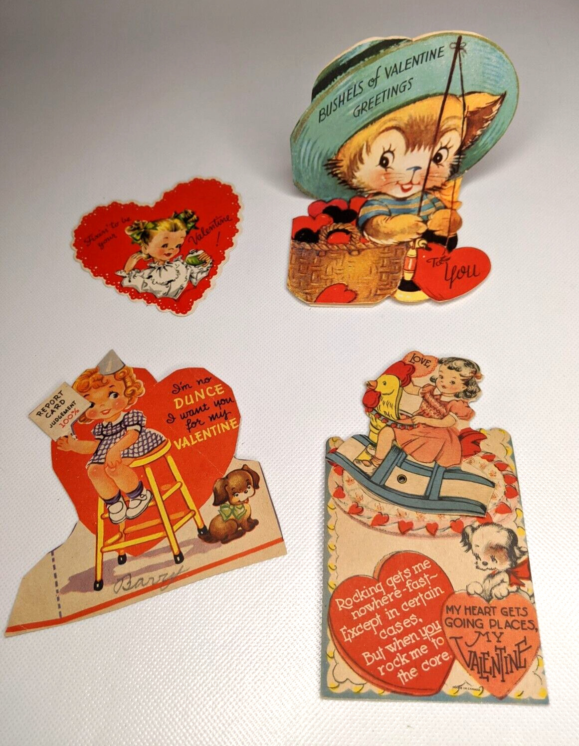 Lot of 4 Vintage 1940\'s Valentine Day Cards Anthropomorphic, Fishing, Dogs,