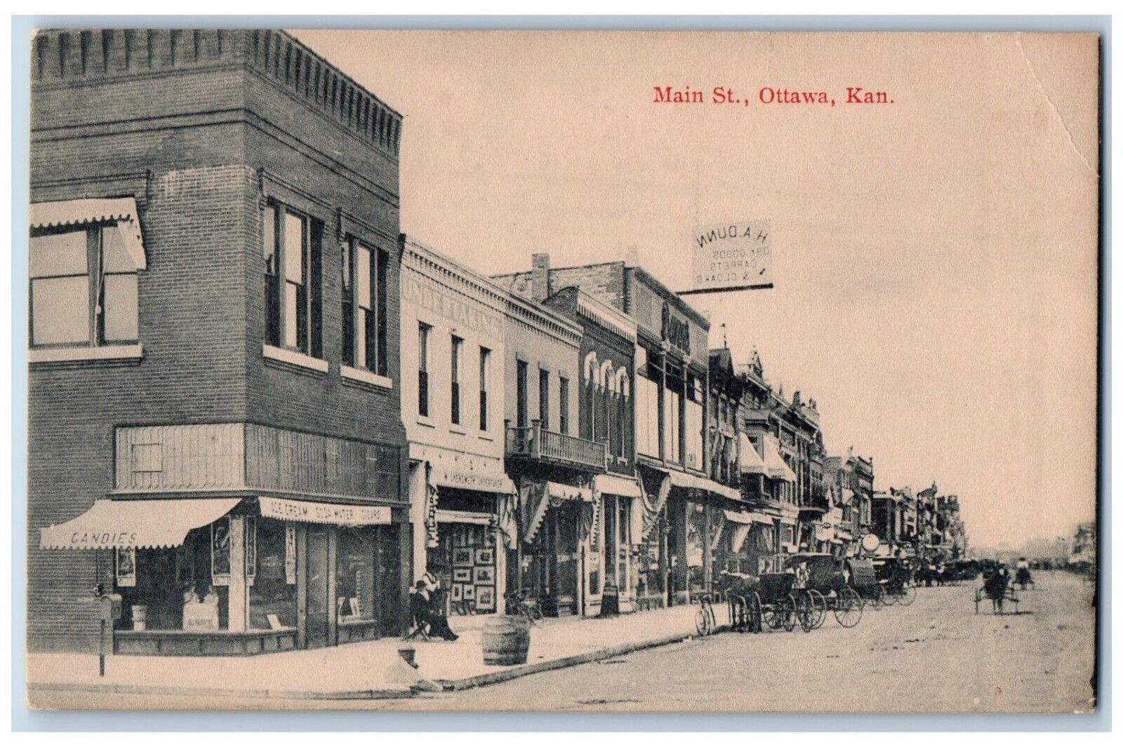 Ottawa Kansas KS Postcard View Of Main Street Candies Store c1910\'s Antique