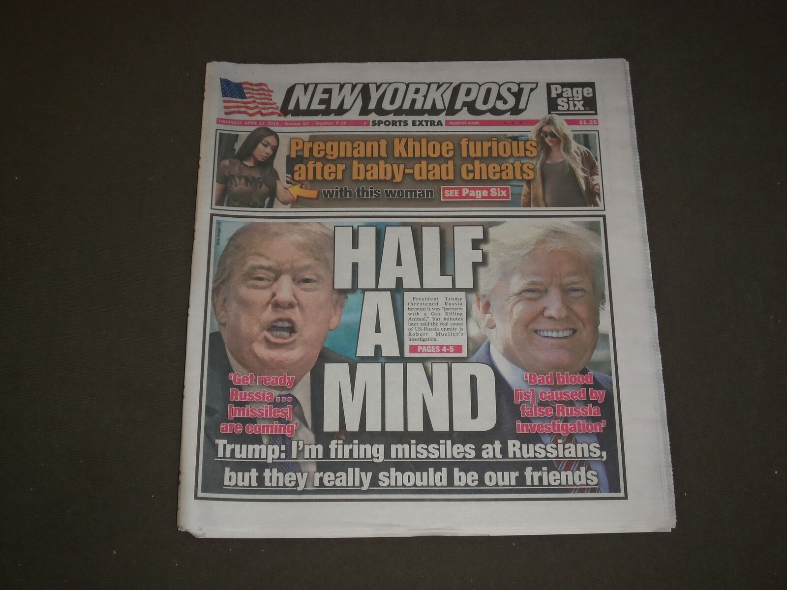 2018 APRIL 12 NEW YORK POST NEWSPAPER - TRUMP: I\'M FIRING MISSLES AT RUSSIANS