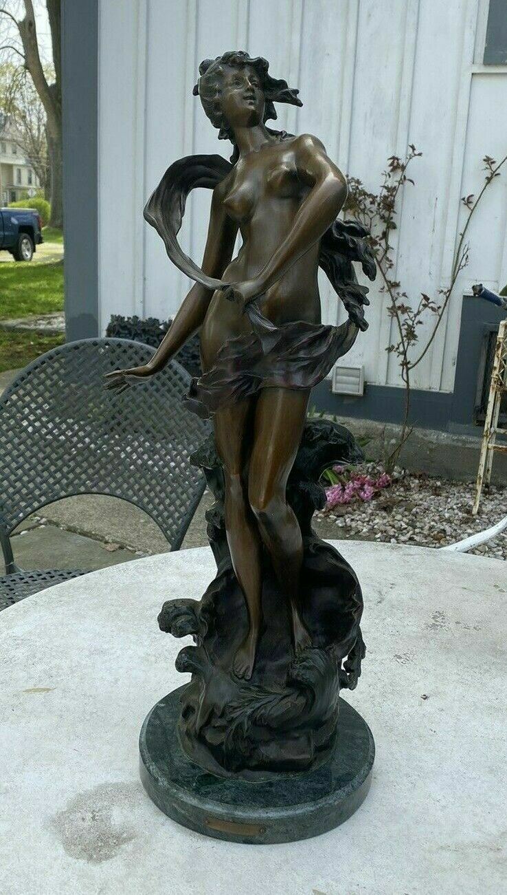 Vintage Victorian Art Nouveau Cast Bronze Nude Maiden 23” Figural Statue Moreau