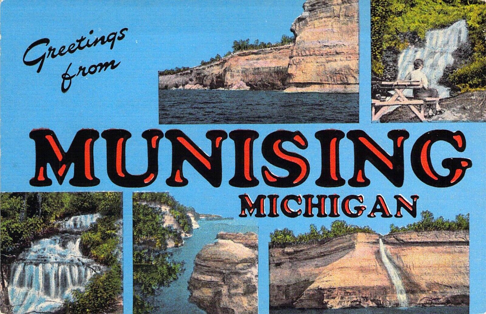 Linen Era Large Letter Munsing, MI, Michigan, Kropp, Old Postcard