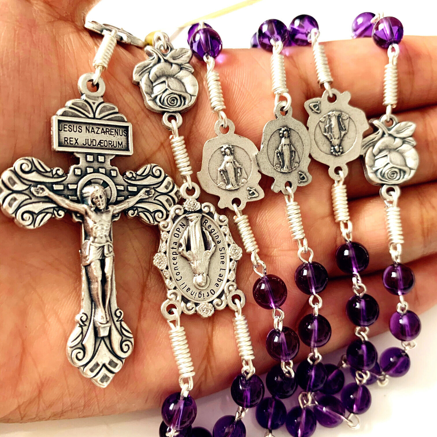 NATURAL AMETHYST ROSARY BEADS ITALY CROSS CRUCIFIX CATHOLIC NECKLACE GIFT BOX