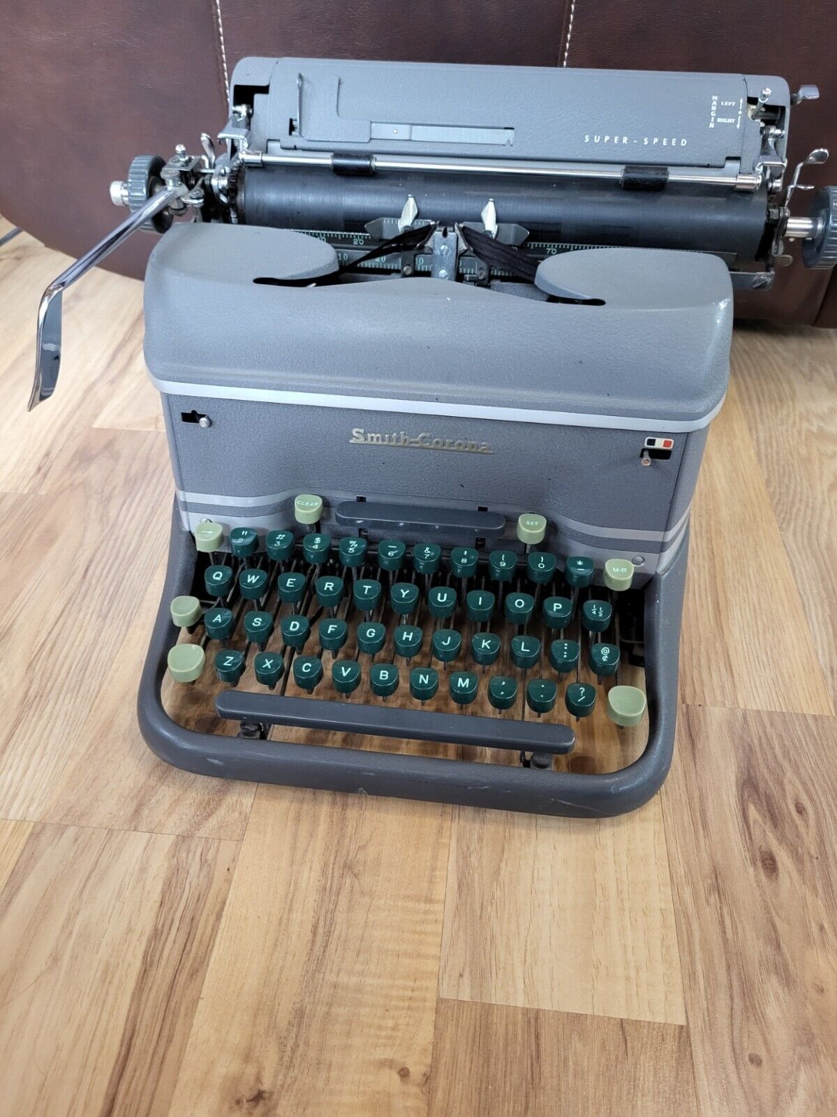 Vintage L.C. Smith & Corona Super Speed Grey W/Green Keys Typewriter