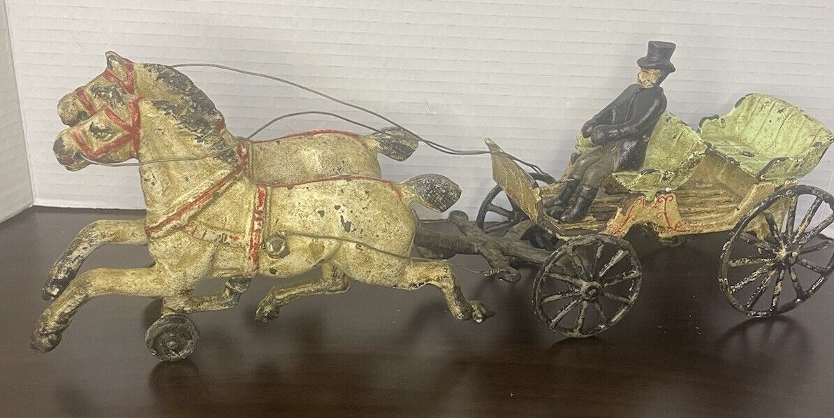 Vintage Antique Cast Iron Horse Drawn Carriage With Driver And Two Horses 15”x5”