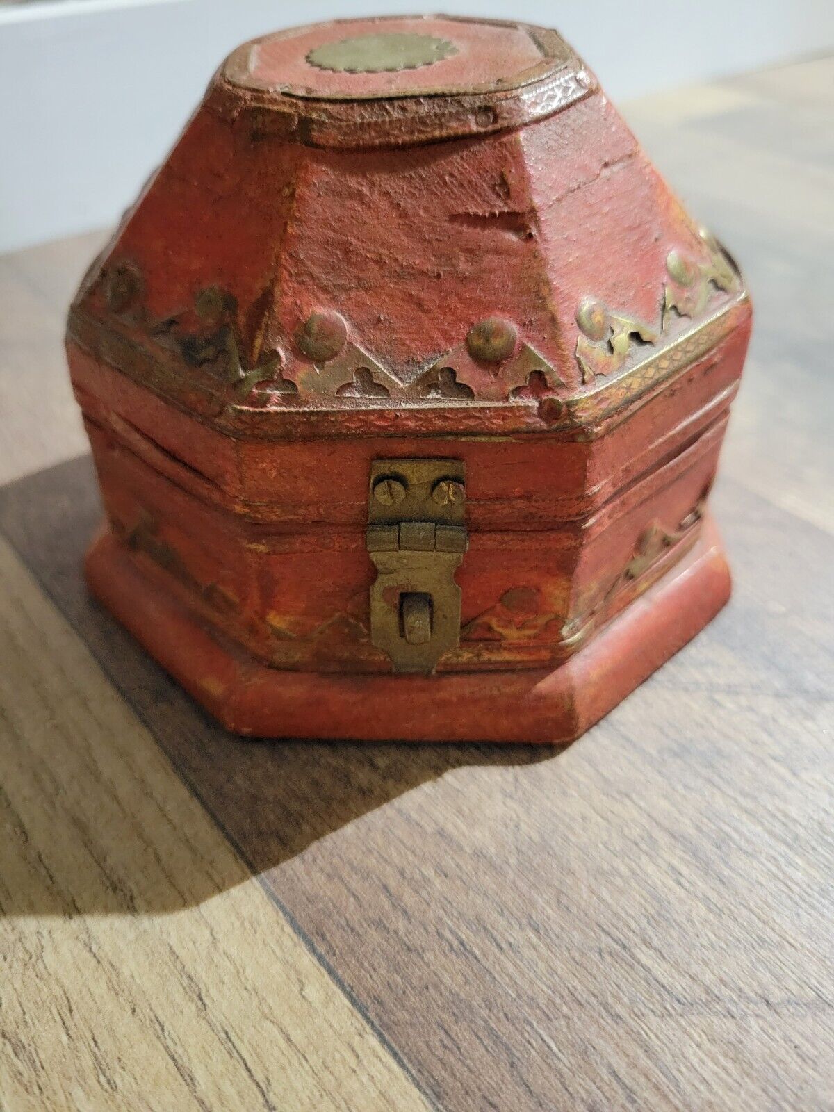 Trinket Box Vintage Hand Made Rust Colored With Gold Accents Latch Wood 