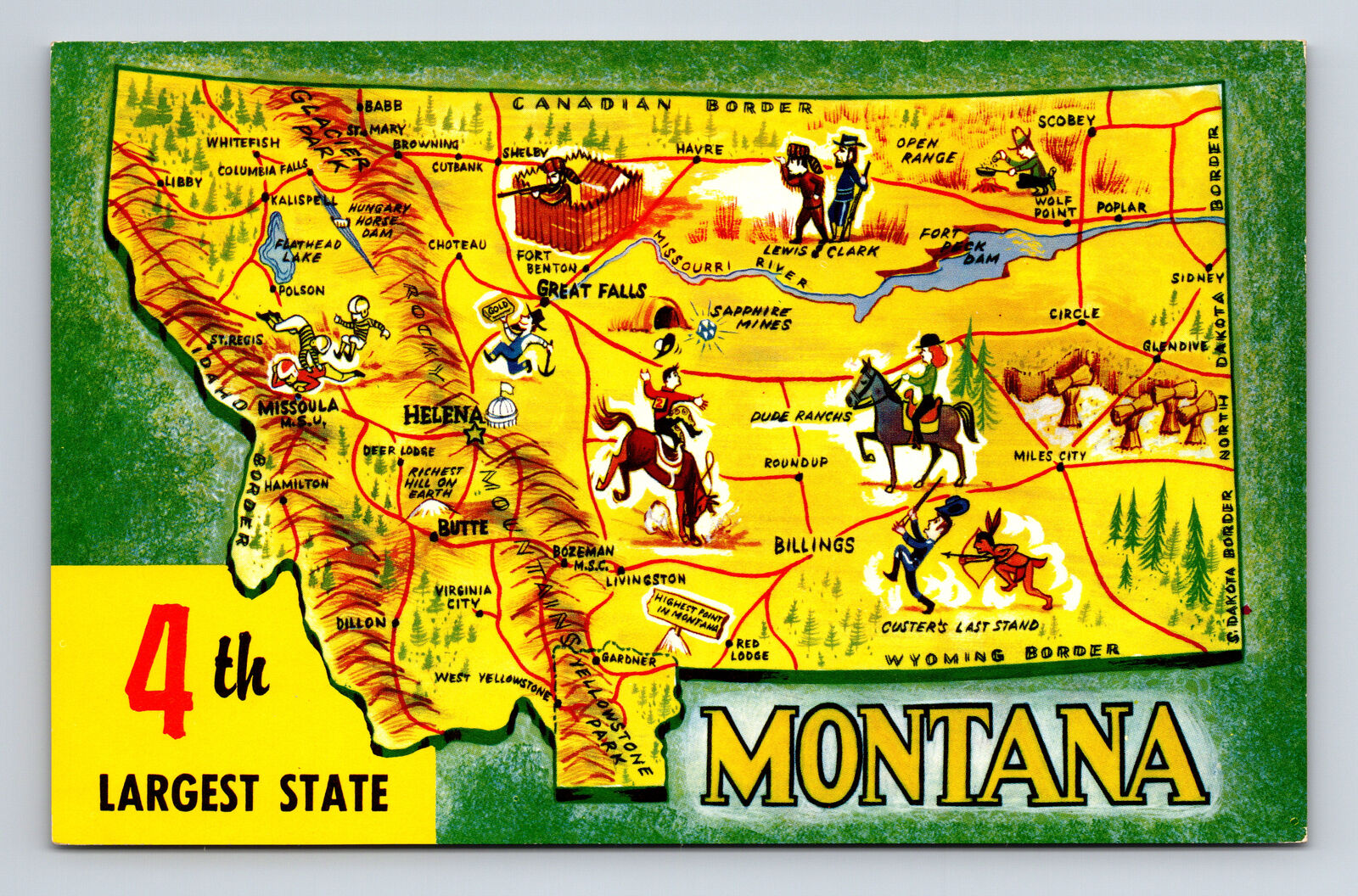 Pictorial Tourist Attraction Map Greetings From State of Montana MT Postcard