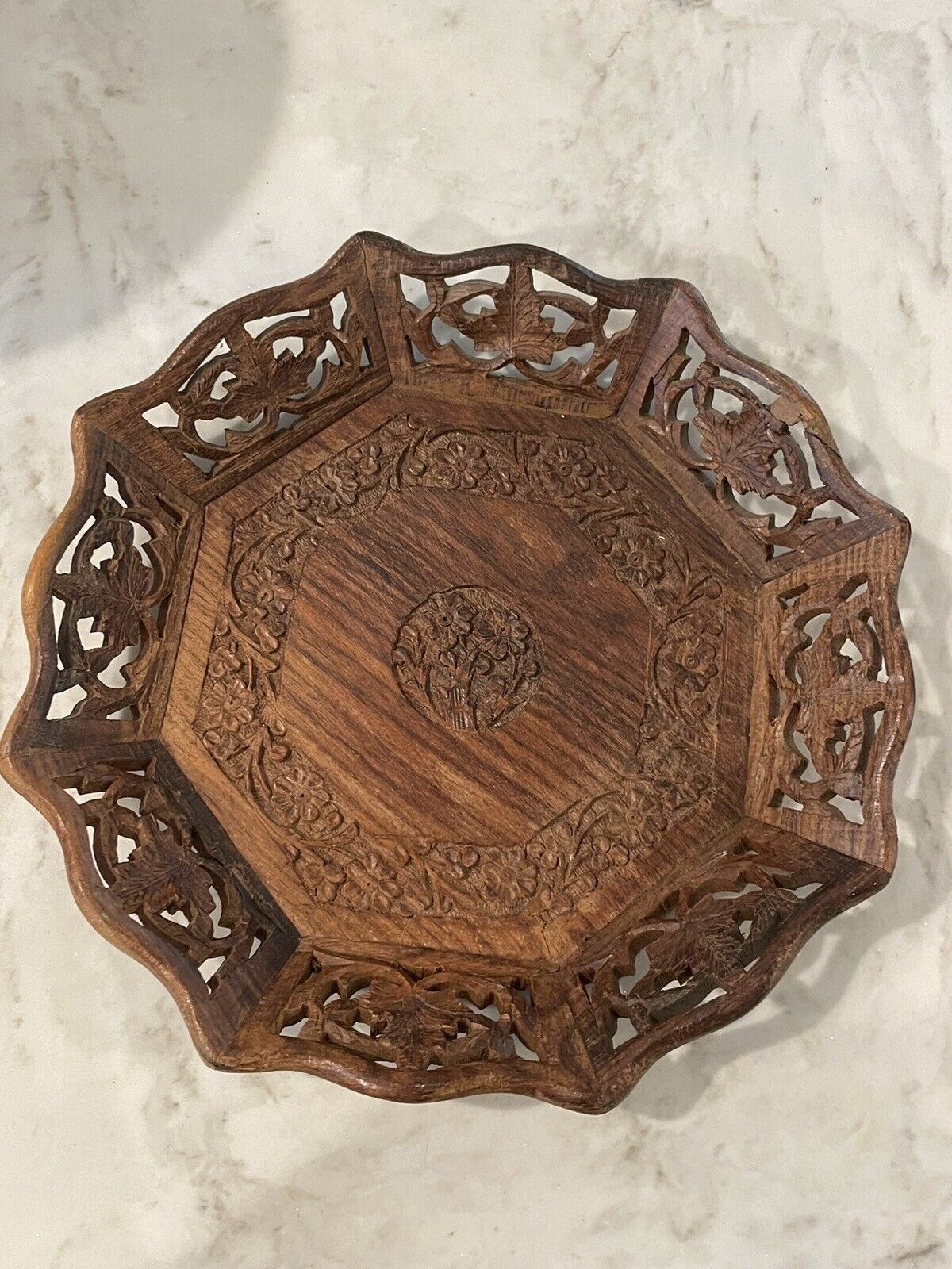 Vintage Hand Carved Wood Serving Tray Platter 10 Inch Floral Motif Made In India
