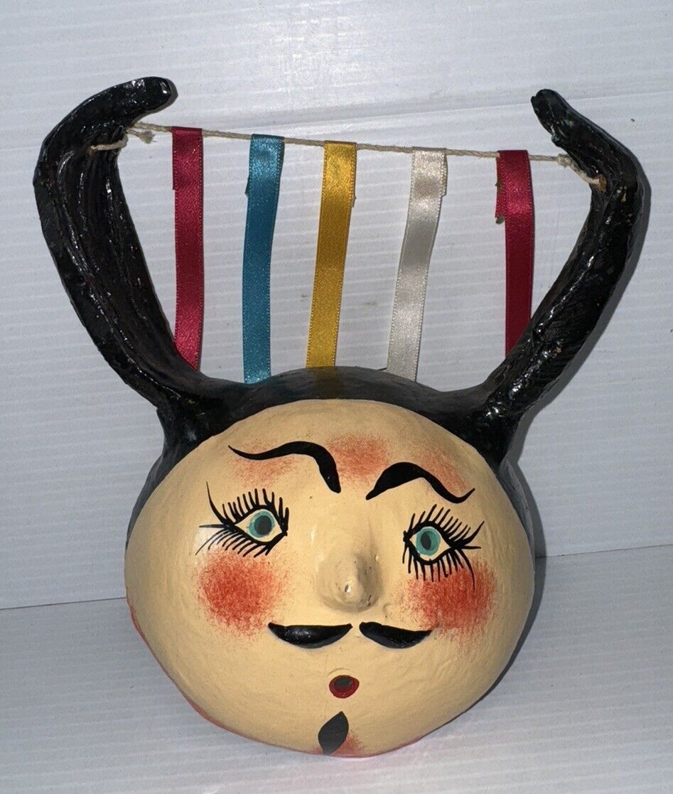 MEXICAN Coconut Shell Folk Art Mask: DEVIL Hand-Painted Vintage /String Holder?