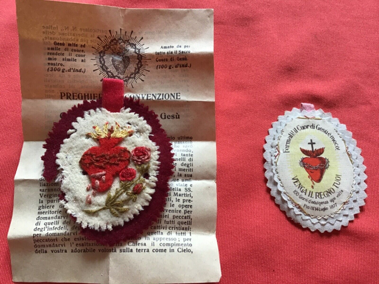 Rare ancient lot relics Sacred Heart of Jesus N. 2 handmade embroidered 1877th