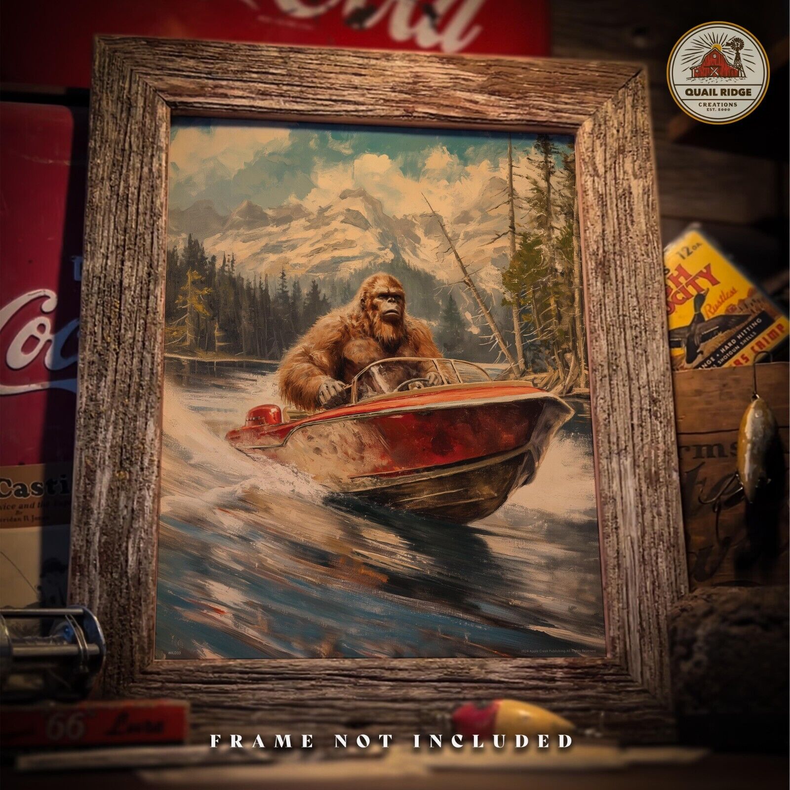 Sasquatch Bigfoot Art Print Vintage Motor Boat Artwork Fishing Cabin Wall Decor