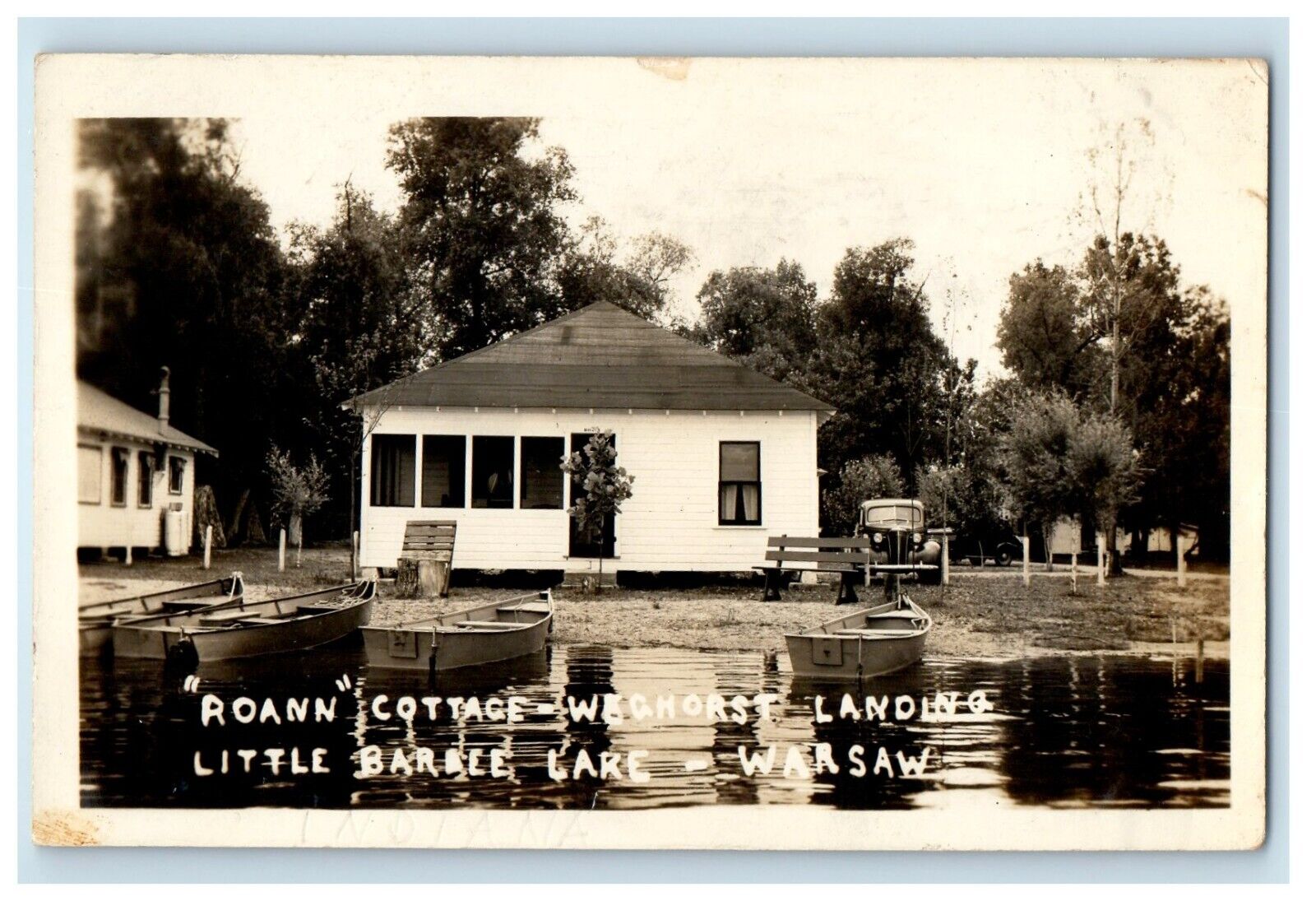 1941 Roann Cottage Little Barbee Lake Warsaw Indiana IN RPPC Photo Postcard