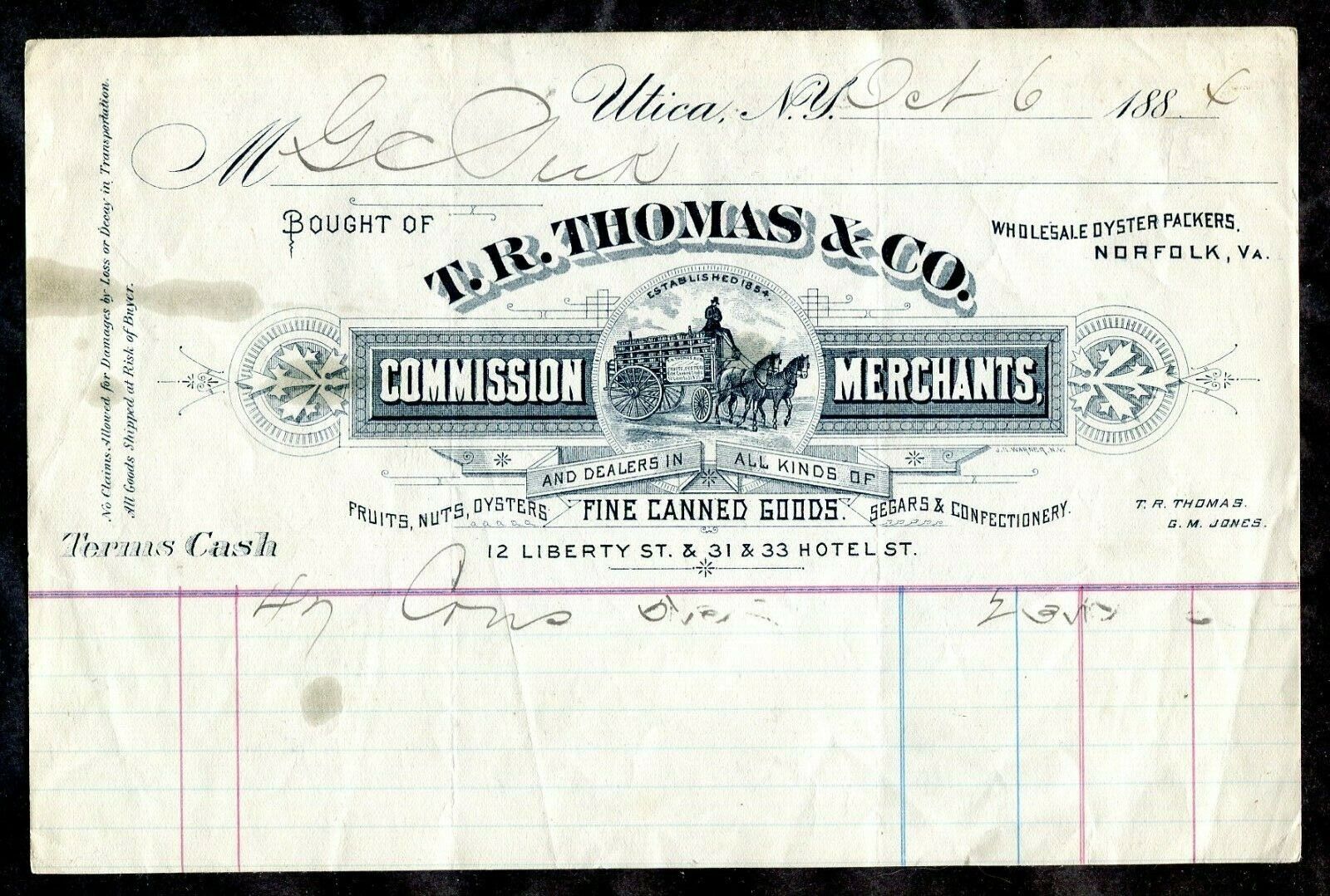 USA 1880s ILLUSTRATED Advertising Letterhead. NORFOLK Va Fruit & Oyster Dealer