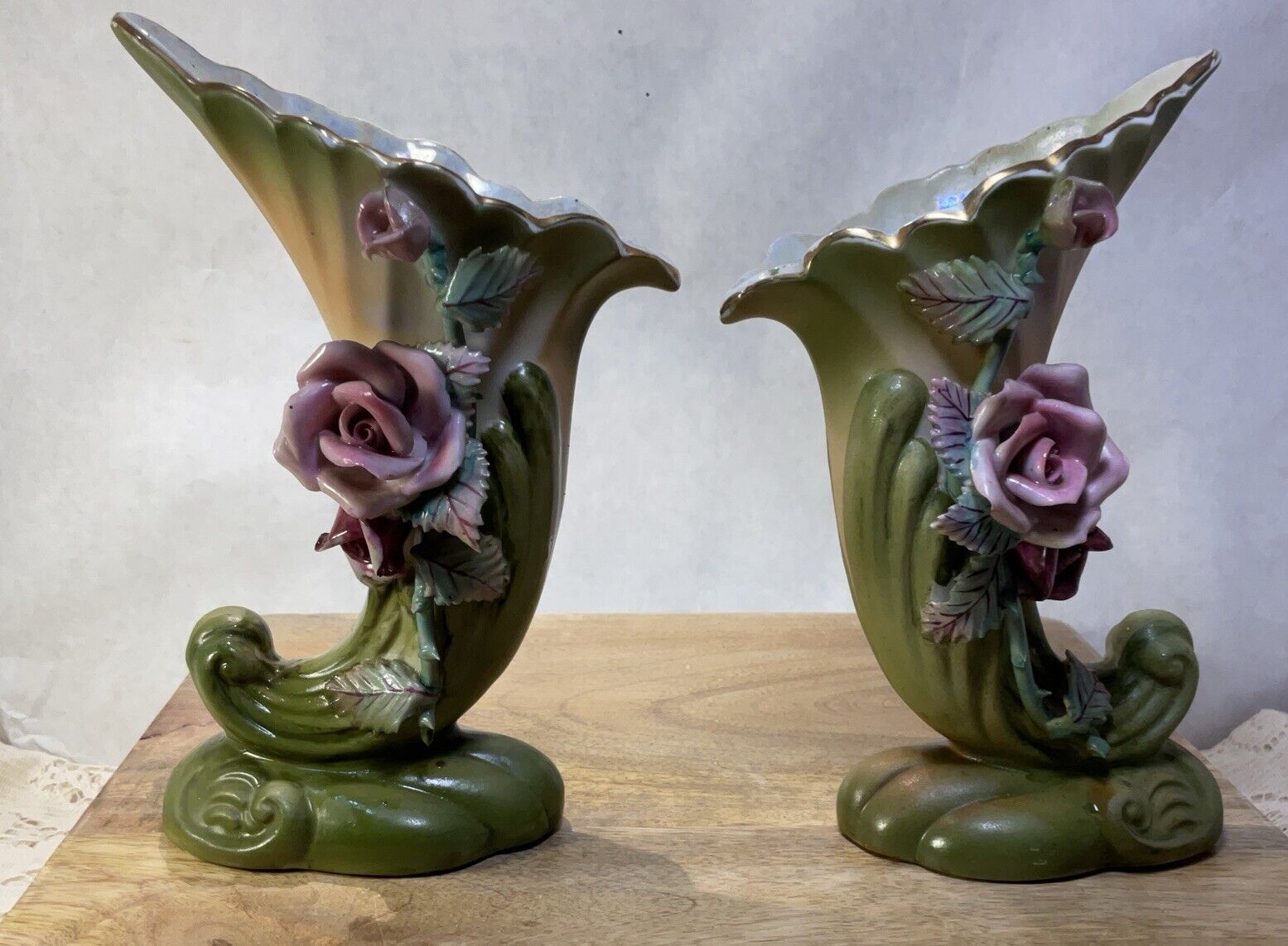Pair Of Vintage Made In Japan Floral Vases-Roses- Pink/Green
