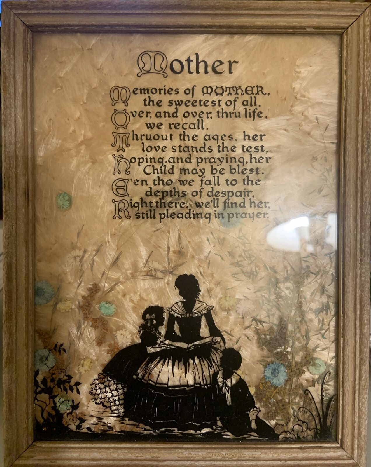 Vintage Milkweed Silhouette Reverse Painting Victorian MOTHER with CHILDREN