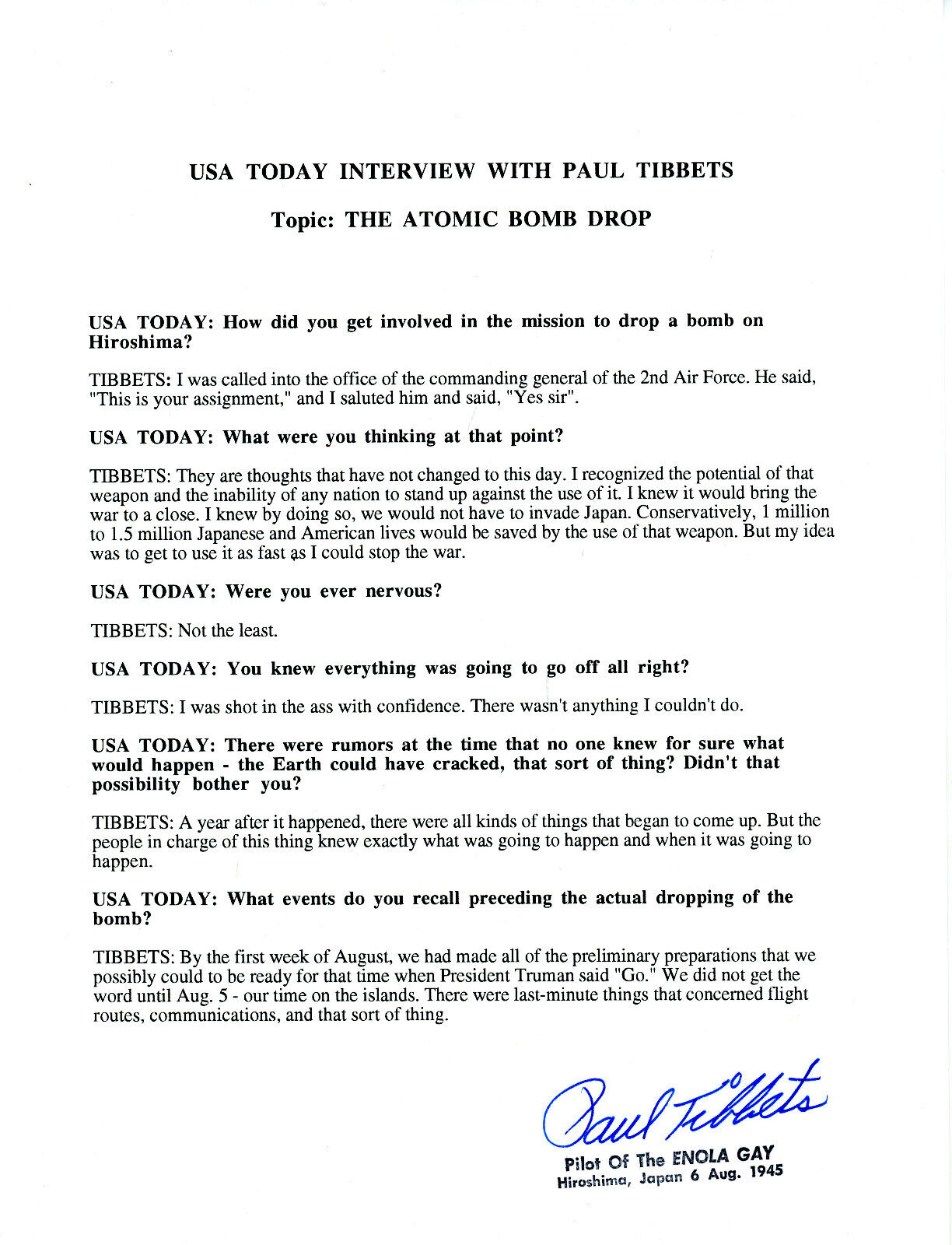 Signed B-29 Pilot Paul Tibbets, Atomic Bomb Hiroshima, Interview NOT REPO