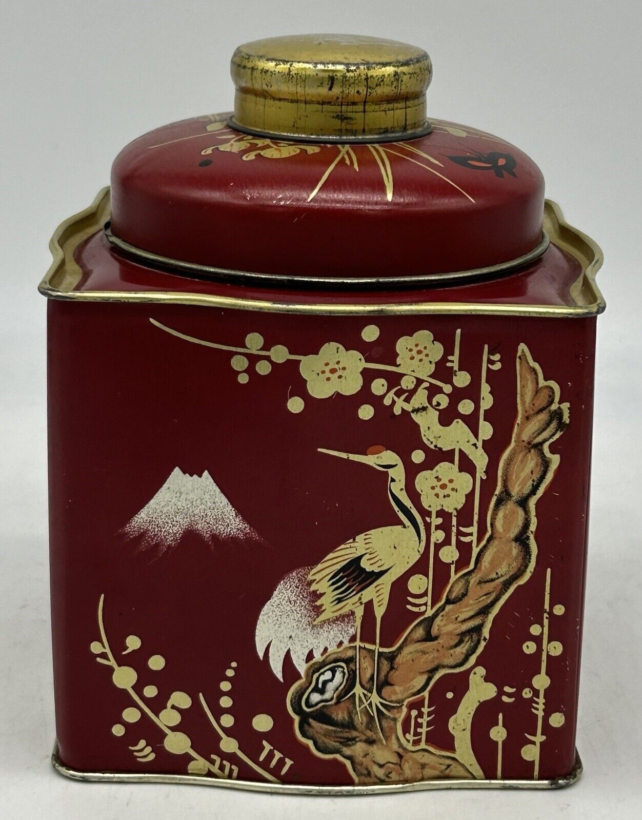 Vintage Deep Red Barnsley Company 5\'\' Tea Tin with Gold Trim, Egret Bird Flowers