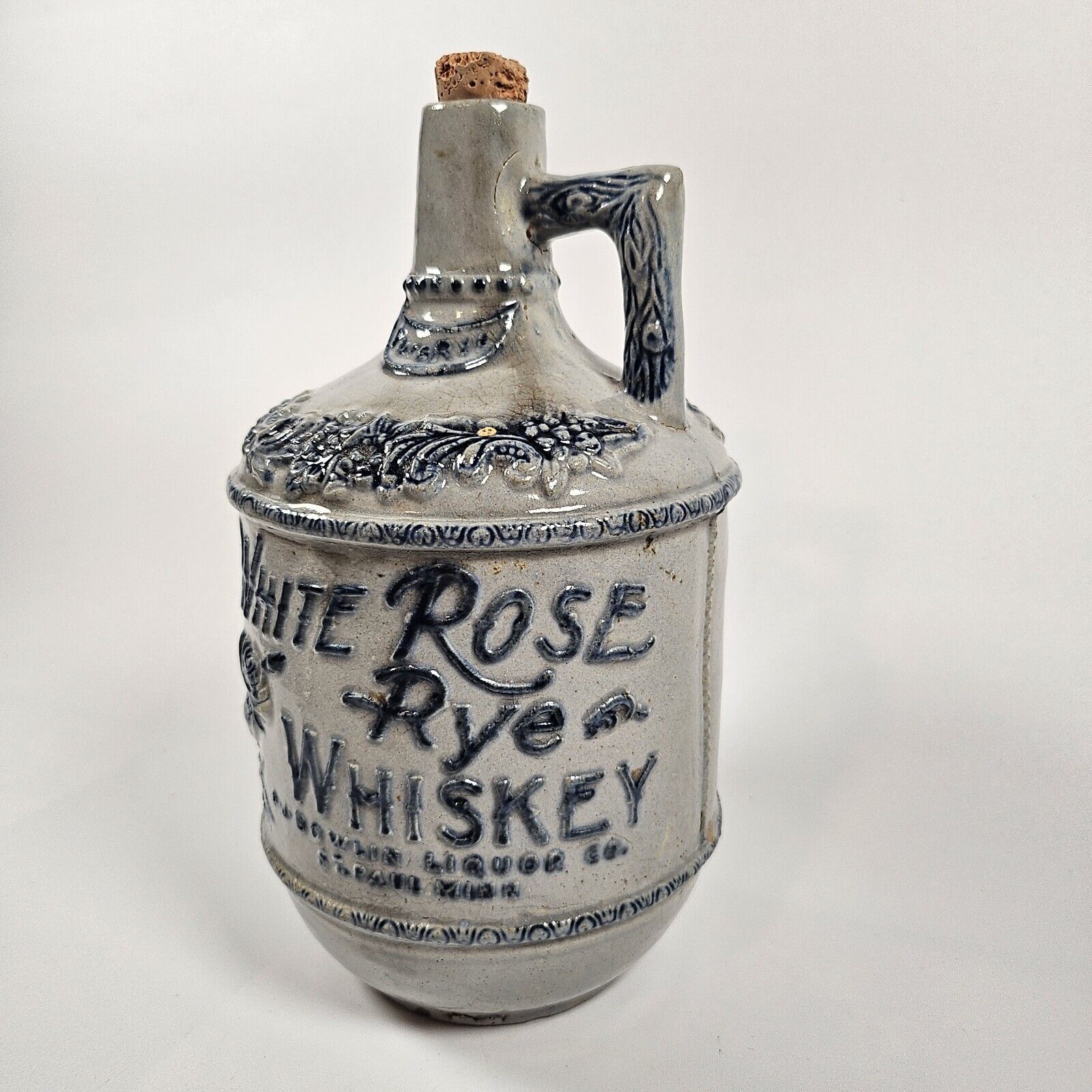 White Rose Whiskey Rye Stoneware Jug Utica NY P.J. Bowlin Liquor St Paul ~1904?