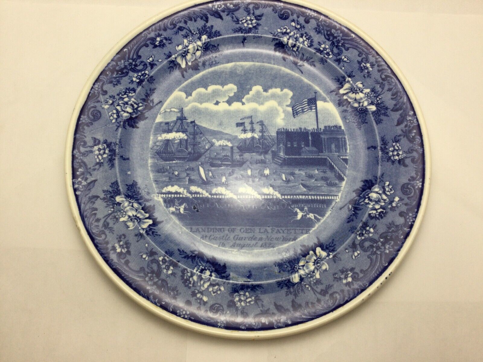 Antique Wright Tyndale & Van Roden Blue and White Decorative Plate - Landing of 