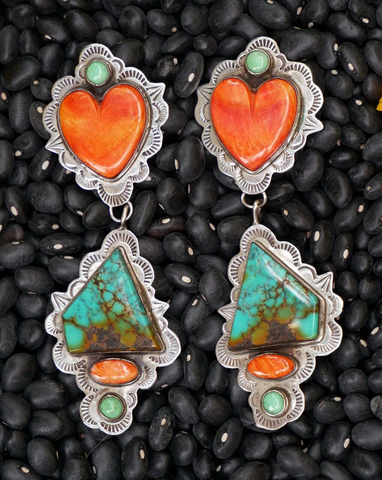 Earrings Clip On Heart Spiny Oyster & Turquoise Sterling Native American Signed