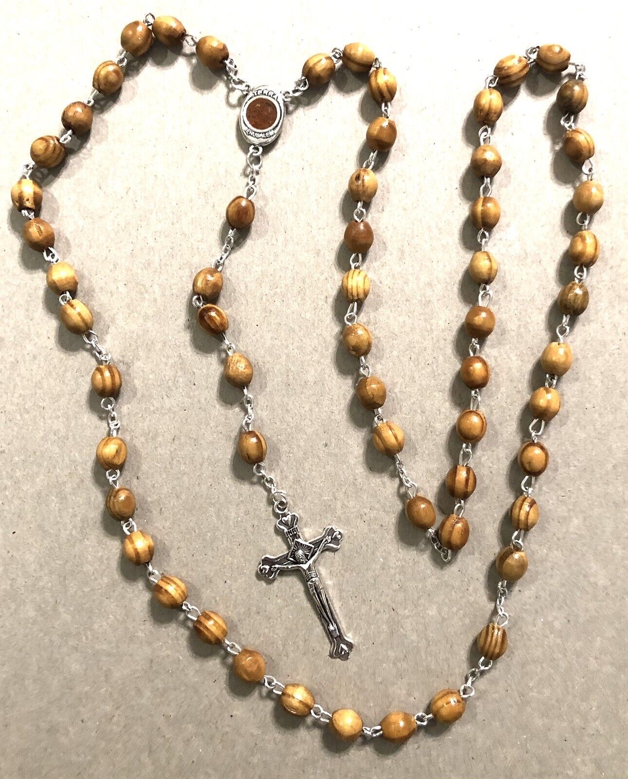 Vintage Terra Sancta Jerusalem Rosary Crucifix Wood Beads 22” Catholic EUC