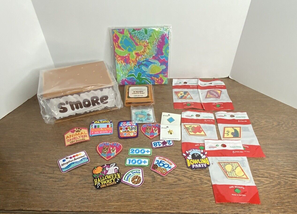 Large Girl Scout Brownie Lot Patches Badges Pins Selling Ideas Box New NIP