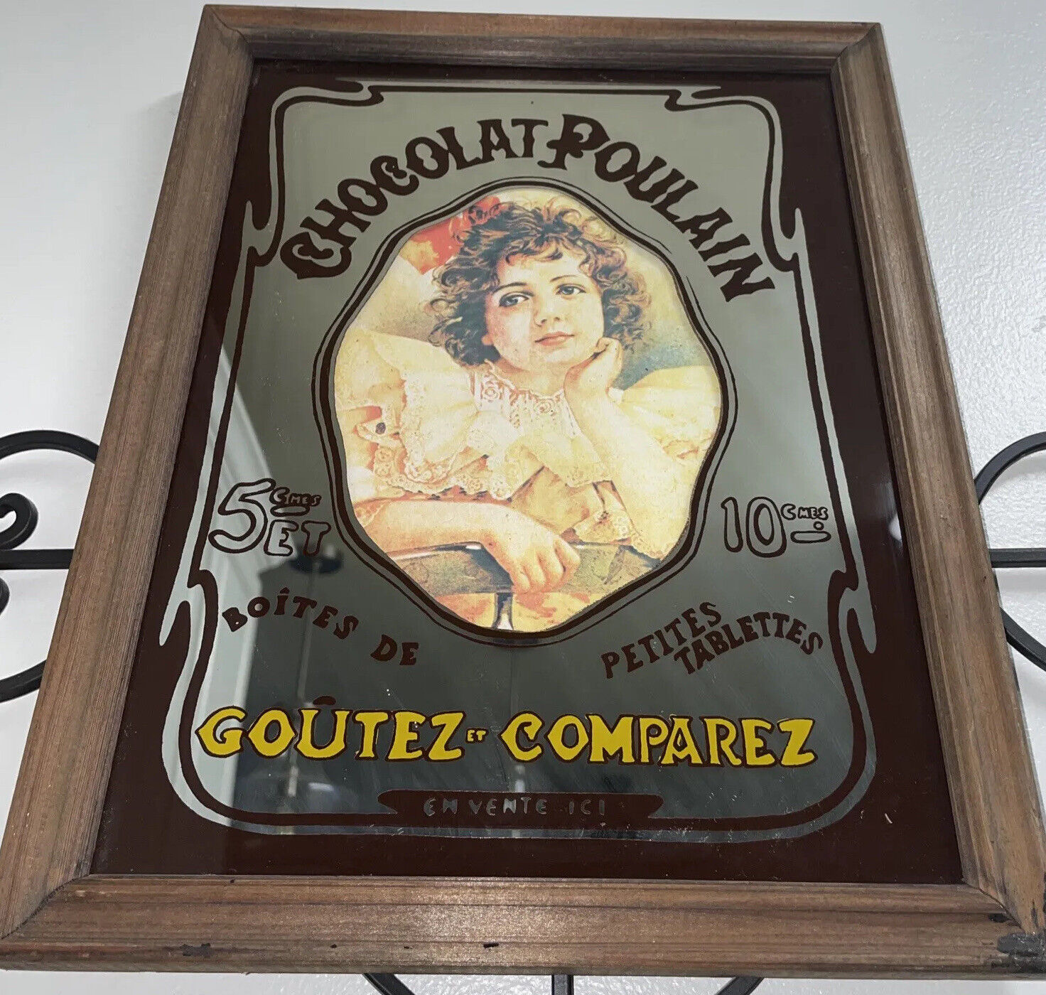 Vintage French Advertising Mirrored Picture Chocolat Poulain Wall Hanging Art
