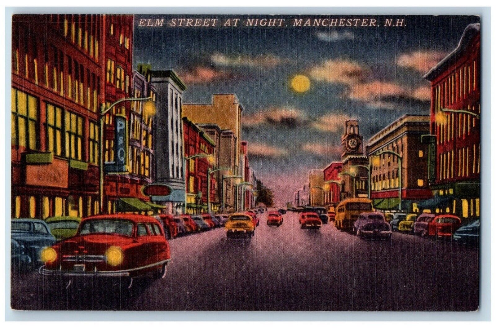 Manchester New Hampshire Postcard Elm Street Night Exterior 1940 Vintage Antique