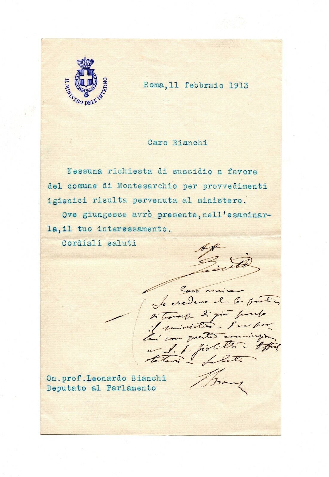 1913 letter SIGNED by the Prime Minister of Italy AND by Dr. Leonardo Bianchi