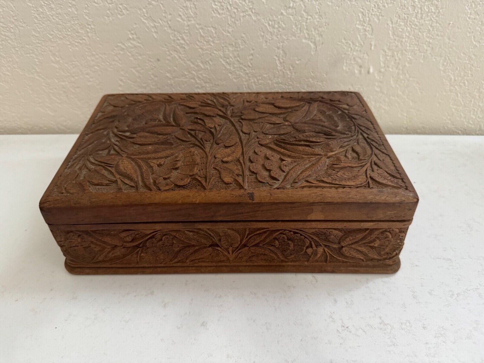 Vintage Southeast Asian Carved Wood Box w/ Floral & Foliage Designs