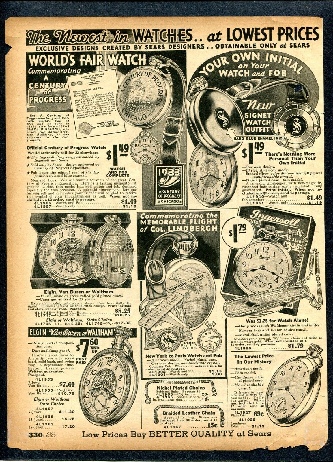 1933 ( 2) Sears Catalog Pgs. Pocket Watches-Lindberg, Century of Progress-Plus