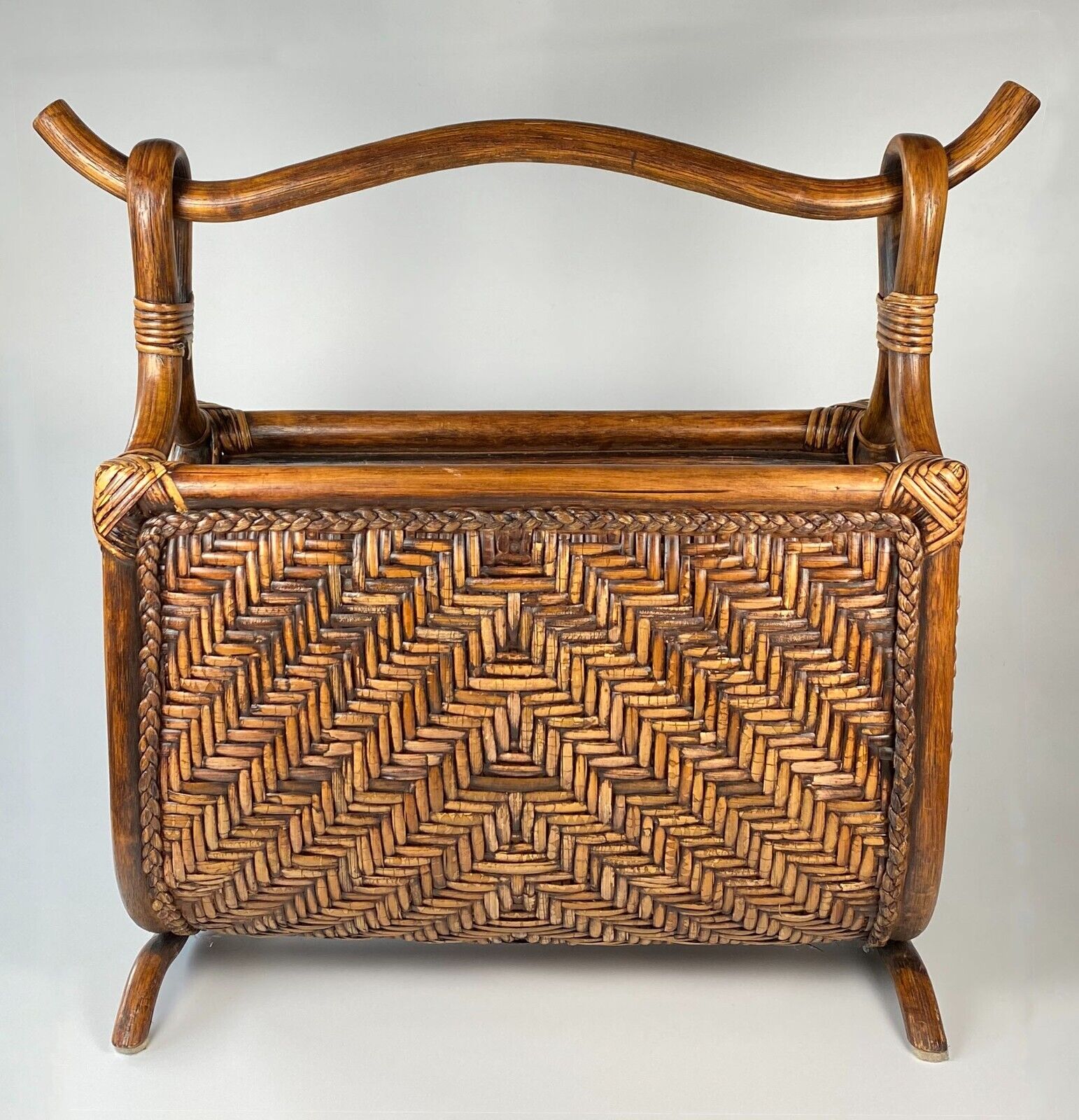 Large Vintage Wicker/Rattan & Wood Basket — For Magazines, Throw Blankets & More