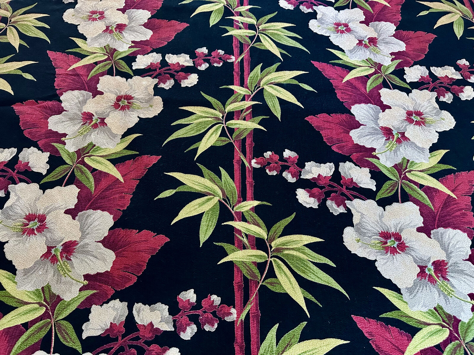 Candied Red Hibiscus on Black MIAMI BEACH Barkcloth Vintage Fabric Curtain Drape
