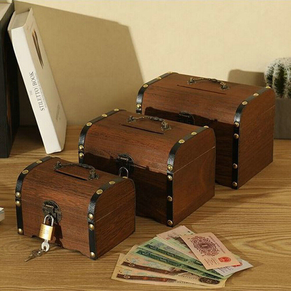 New Wooden Piggy Bank Safe Money Box Savings With Lock Wood Carving Handmade Leg