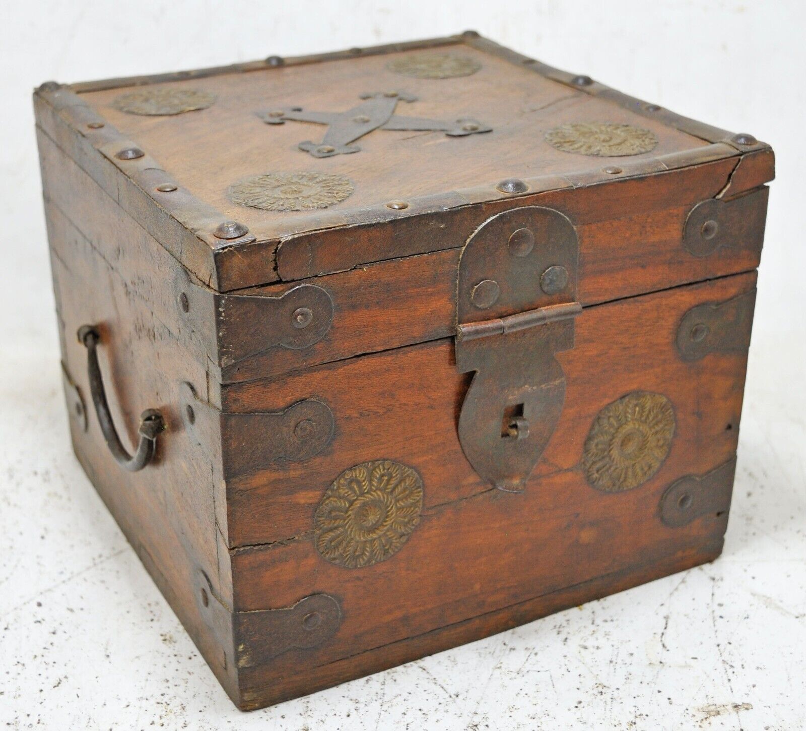 Vintage Wooden Square Storage Chest Box Original Old Brass Fitted