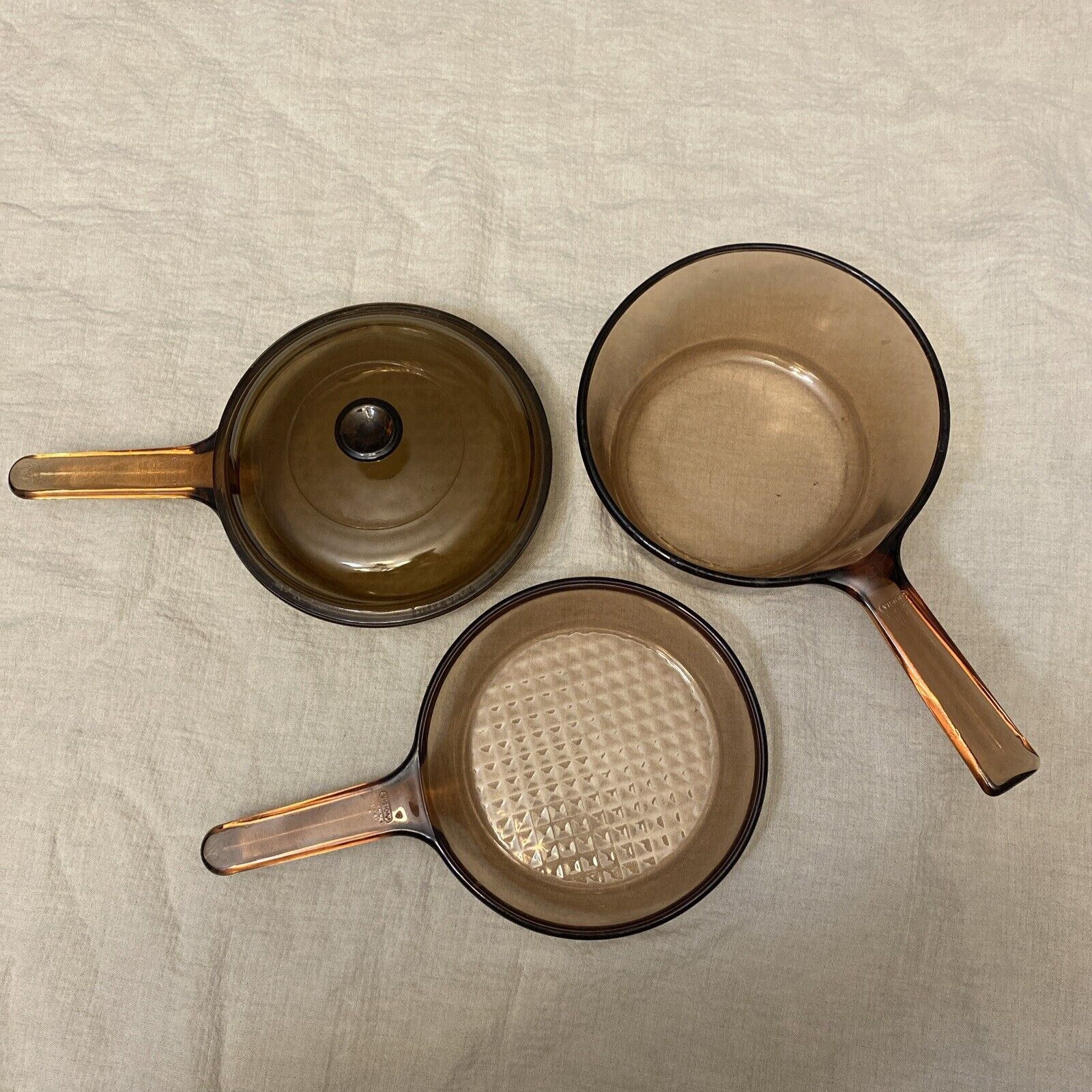 Vintage Corning Vision Amber (2) 7” Waffle Frying Pans 1 Lid And 1.5L Sauce Pan