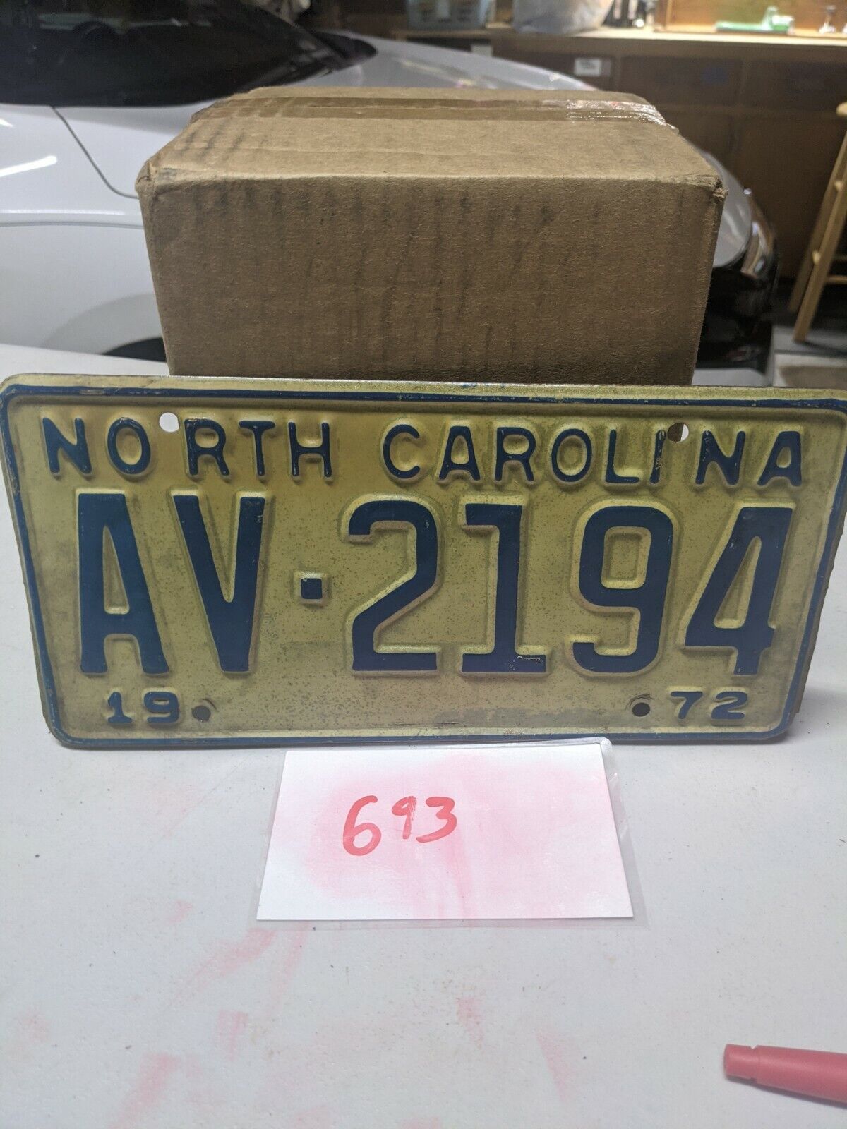 Vintage 1972 N.C. license plate # AV 2194