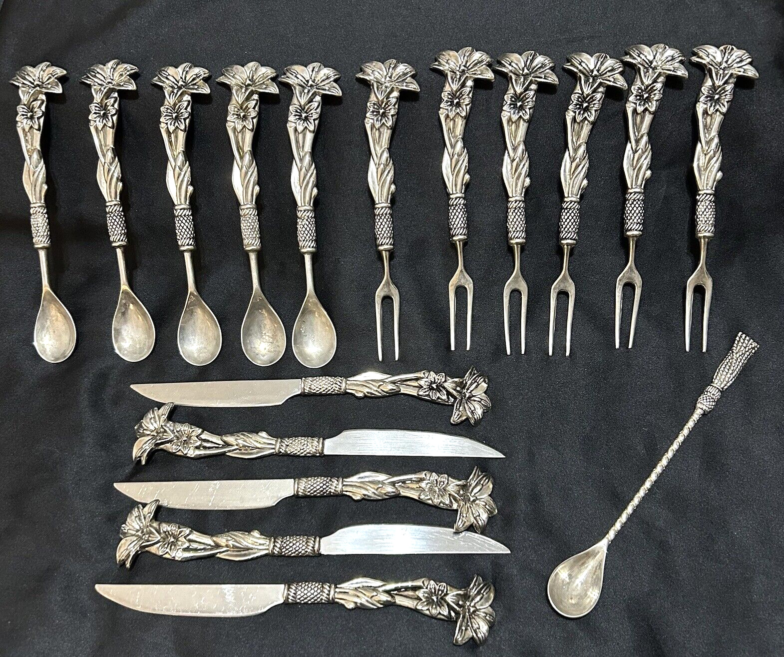17 Vtg Cocktail Forks Spoons Knives Cutlery Ornate 3D Orchids Rope Fruit Dessert