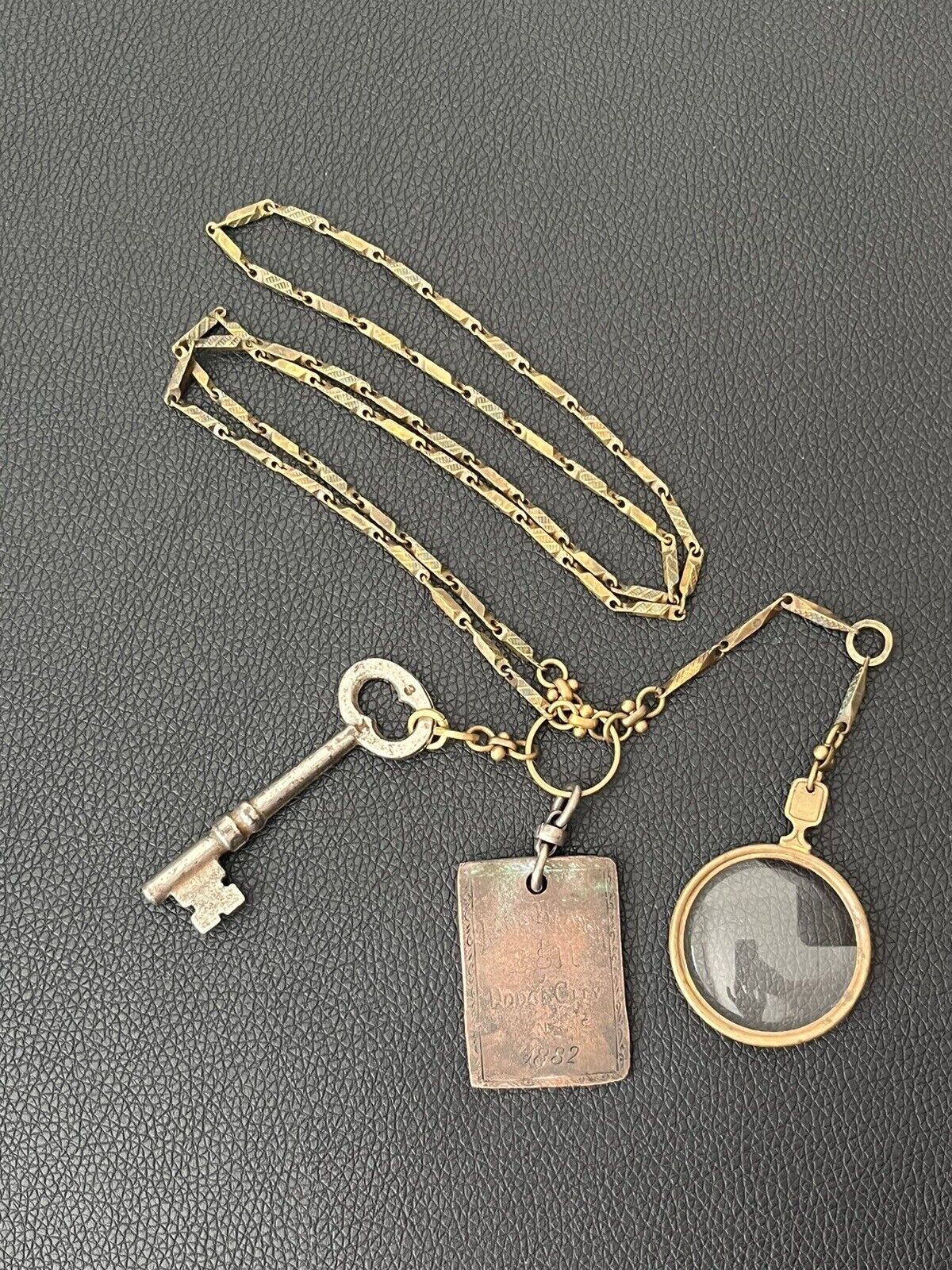 1882 Original Old Vtg Hotel Room Key Magnifying Glass Tag Chain Fob Long Branch