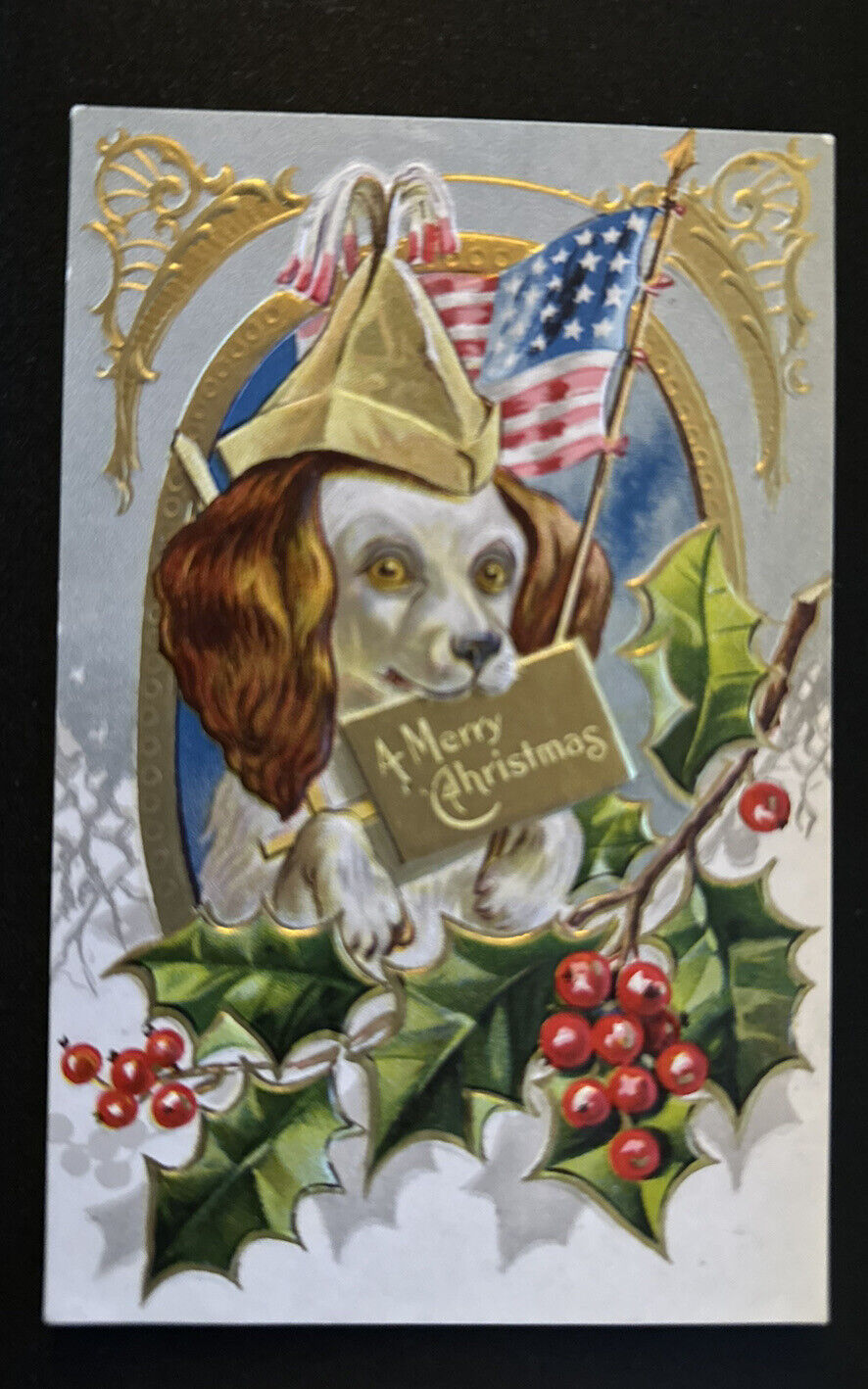 Cute  Puppy Dog with USA FLAG~ Holly  Antique Patriotic Christmas Postcard~f678