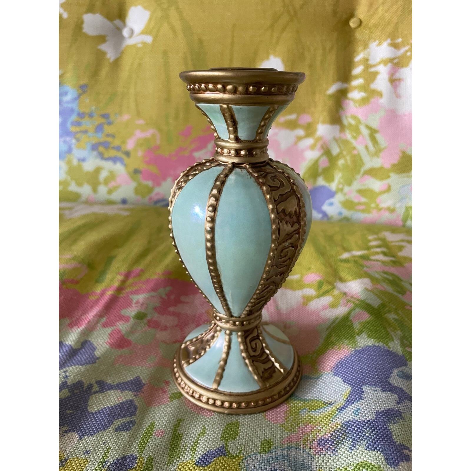 1990s fitz and floyd turquoise and gold ceramic candle holder baroque style
