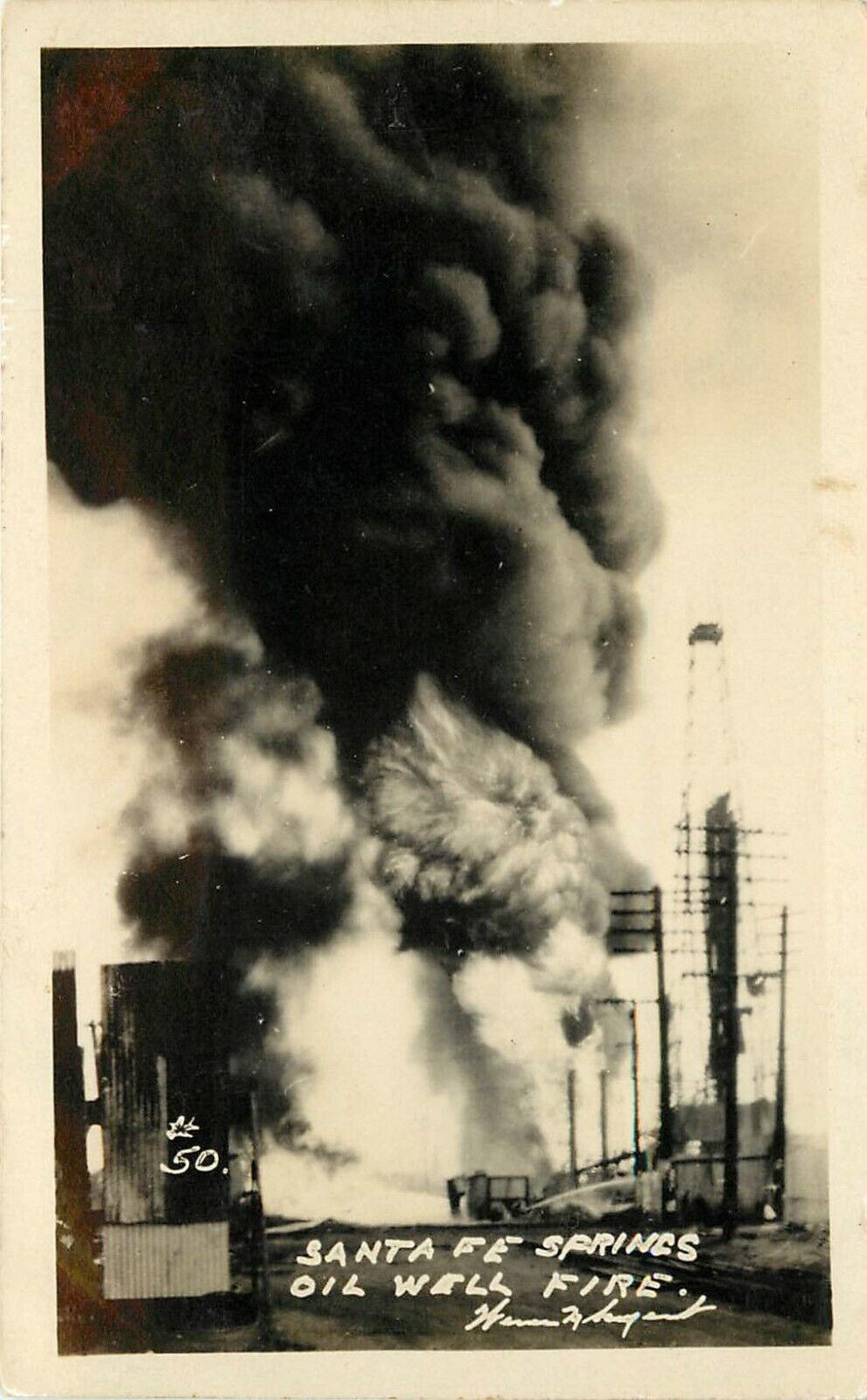 c1928 RPPC Postcard #50 Santa Fe Springs CA Oil Well Fire Unposted