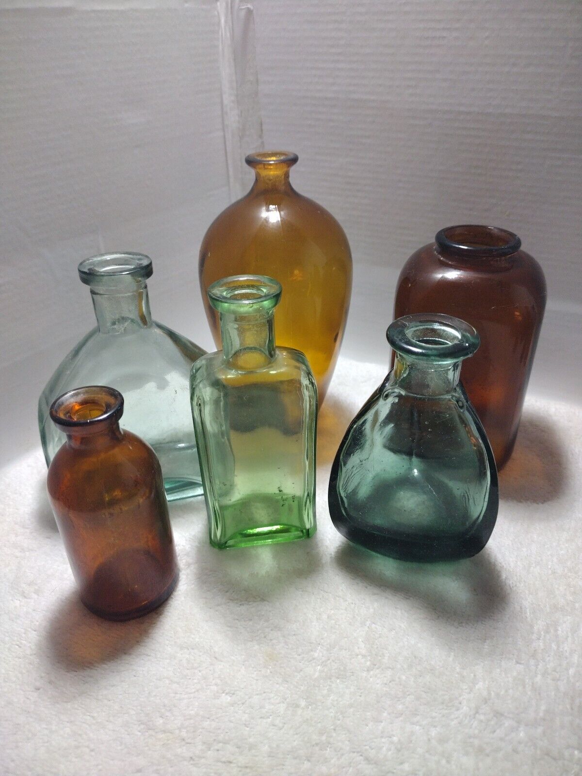 Lot of 6 Vintage Colored Bottles Dark Brown & Amber ,Green