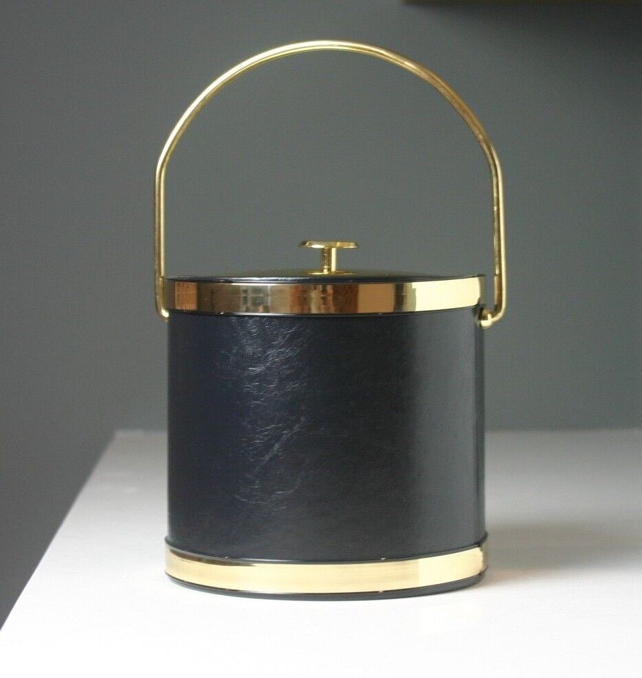 VTG Elegance by Kraftware Mid Century Modern BLK Faux Leather Gold Ice Bucket