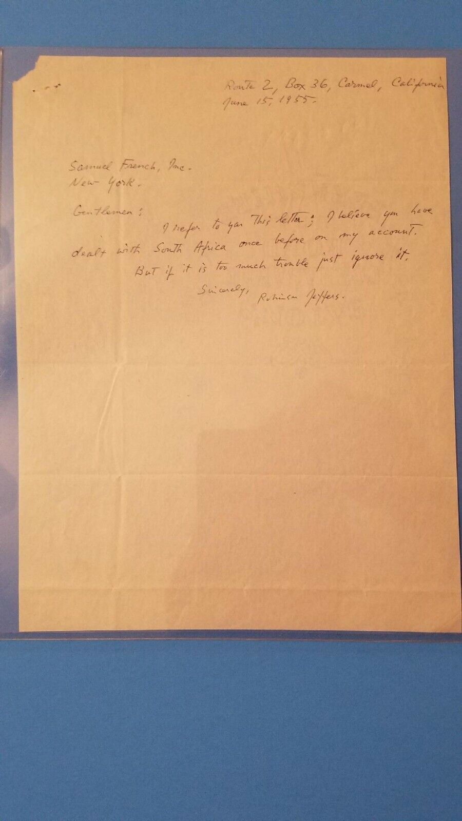 ROBINSON JEFFERS American Poet Handwritten Letter Signed 1955